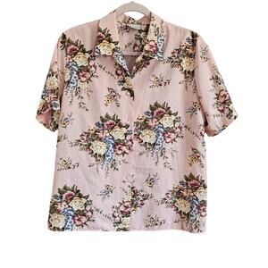 Vintage 60s 70s floral print shirt Koret blouse pink ILGWU Canada size Medium